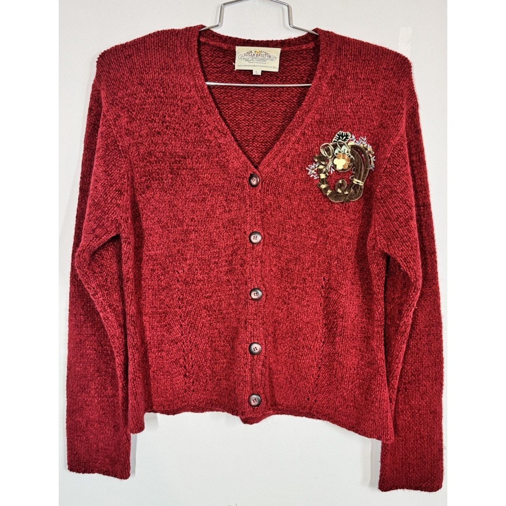 VTG Susan Bristol Embroidered Birds Nest Wool Blend Red Cardigan Sweater Size L